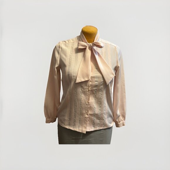 Lelic Women’s Pink Button Front Long Sleeve Blouse, Size M/L, Bowtie Top Office - Picture 1 of 6